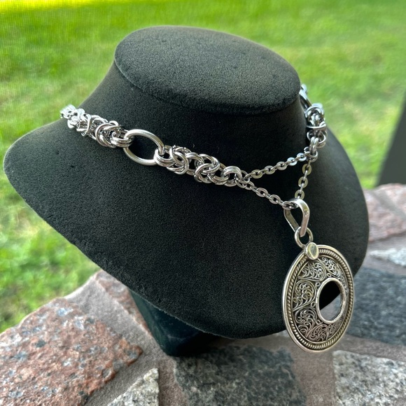 Handmade maille stainless steel chocker big 925 sterling silver coin shape charm - Picture 8 of 13